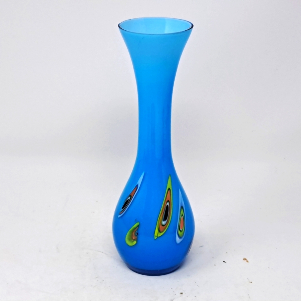 Blue Glass Bud Vase With Swirled Colorful  Pattern